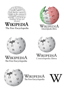 Varie versioni del logo di Wikipedia. La W del logo è utilizzata come Favicon. Il logo viene accompagnato dal pay-off ("L'enciclopedia libera"), cioè da una frase che rinforza il proprio messaggio.