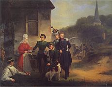 Groep van - uit Overijssel afkomstige - Leidse Jagers tijdens de Tiendaagse Veldtocht voor de herberg „In de Oranje Appel“, ca. 1835