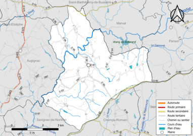 Carte en couleur présentant le réseau hydrographique de la commune