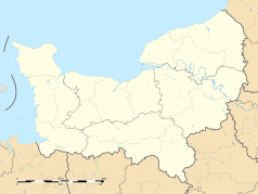 Mapa konturowa Normandii, u góry po prawej znajduje się punkt z opisem „Saint-Germain-d’Étables”