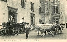 Photographie en noir et blanc d'un attelage bovin au milieu d'un château avec deux hommes.