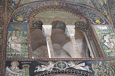 Byzantine rinceaux on a ceiling of Basilica of San Vitale, unknown architect or craftsman, begun in c.532 and consecrated in 548[6]