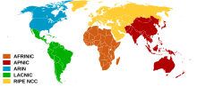 Map of service regions of the regional Internet registries