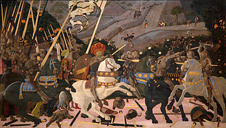 Very large panel painting of a battle scene with a man in a large ornate hat on a rearing white horse, leading troops toward the foe. Bodies and weapons lie on the ground. The background has distant hills and small figures.