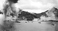 Ships lying off Dublon under attack. Larger ships are unidentified. Several of the smaller vessels appear to have been used for tuna fishing in the surrounding waters. February 16, 1944