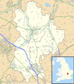 Mapa konturowa Bedfordshire, blisko dolnej krawiędzi znajduje się punkt z opisem „Slip End”