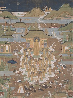 Amitābha menyambut Chūjō-hime di Surga Barat. Jepang, abad ke-16.[5]