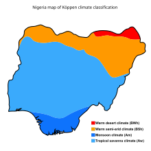 A map snowing the various Köppen climate classification zones of Nigeria. There are five colors defining the distinct zones.