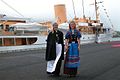 Faroe girls and the royal ship of Denmark in Vágur, 21-06 2005