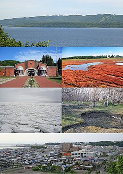 Top: Panorama view of Mount Tento and Lake Abashiri, Second: Abashiri Prison Museum, View of salicornia europaea in Lake Notoro, Third: View of drift ice in Okhotsk Sea, Ainu Moyoro Midden Ruin Park, Bottom: Panorama view of downtown Abashiri (all item from left to right)