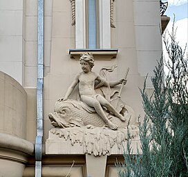 Beaux Arts putto on the Vasile Urseanu House, the current Bucharest Observatory (Bulevardul Lascăr Catargiu no. 21), Bucharest, Romania, designed by Ion D. Berindey, 1908–1910[15]