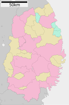 Mapa konturowa Iwate, blisko górnej krawiędzi znajduje się punkt z opisem „Karumai”