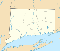 Mapa konturowa Connecticut, po lewej nieco na dole znajduje się punkt z opisem „Ridgefield”