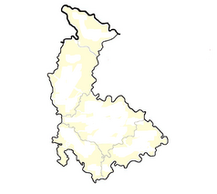 Mapa konturowa kraju ołomunieckiego, blisko centrum na dole znajduje się punkt z opisem „Ołomuniec”