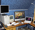 My desk, back then sporting four generations of Macintosh computers. (Please ignore the bad cable management. :-)