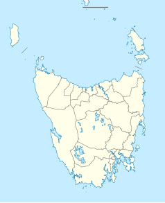 Mapa konturowa Tasmanii, na dole nieco na prawo znajduje się punkt z opisem „Huonville”