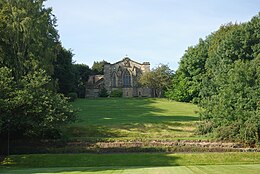 A picture of the school chapel seen from below in the area of the main school buildings