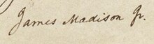 Madisons Unterschrift auf der Verfassung als „James Madison Jr.“ Die Handschrift ist ordentlich.