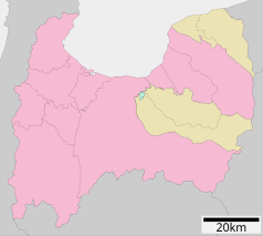 Mapa konturowa prefektury Toyama, po lewej znajduje się punkt z opisem „Takaoka”