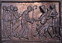 San Adalbertu ye fechu obispu, escena de les puertes de bronce de la catedral de Gniezno (Polonia).