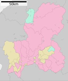 Mapa konturowa prefektury Gifu, na dole po lewej znajduje się punkt z opisem „Tarui”