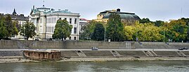 Tisza riverside view with the Ferenc Móra Museum and Szeged National Theater