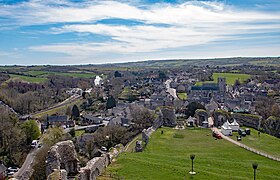 Corfe Castle village and common viewed from castle