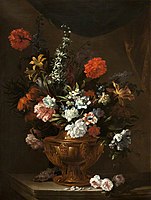 Blumen in einer skulptierten Kupfervase, signiert, Öl auf Leinwand, 149 × 109 cm, Towneley Park (National Trust)