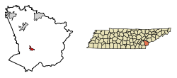 Location of Tellico Plains in Monroe County, Tennessee.