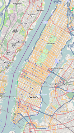 Mapa konturowa Manhattanu, w centrum znajduje się punkt z opisem „Blackstone, Inc.”