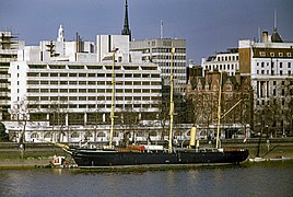 RRS Discovery moored on the Embankment in London