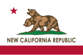 The flag shows a red stripe on the bottom in a white field, with a red star on the top left in the canton. In the center, a double-headed grizzly bear is on top of a mound of green grass on over the white field. Below it, text reads "NEW CALIFORNIA REPUBLIC" in a Seal color.