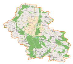 Mapa konturowa powiatu górowskiego, na dole znajduje się punkt z opisem „Jemielno”