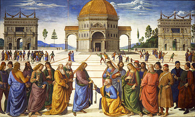 Rectangular fresco. The scene is like Raphael's Marriage of the Virgin, above, which is based on it. There is a similar townscape and circular building in perspective, with an ancient Roman triumphal arch to either side. In the foreground, Jesus gives the keys of Heaven to St Peter, who is kneeling. To the right and left stand the other disciples and some onlookers, who are distinguished by Renaissance clothing. There are many more small figures in the square behind them.