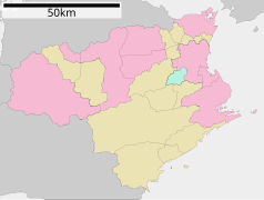 Mapa konturowa prefektury Tokushima, u góry nieco na prawo znajduje się punkt z opisem „Itano”