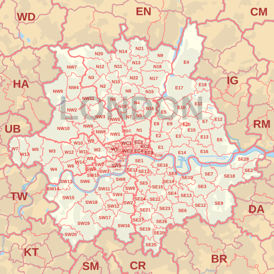 LONDON post town map, showing postcode districts, post towns and neighbouring postcode areas.