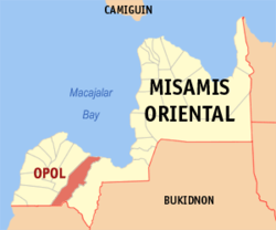 Mapa ng Misamis Oriental na nagpapakita sa lokasyon ng Opol.