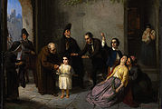 The Kidnapping of Edgardo Mortara, painting by Moritz Daniel Oppenheim, 1862. This depiction departs significantly from the historical record of how Mortara was taken—no clergy were present, for example.