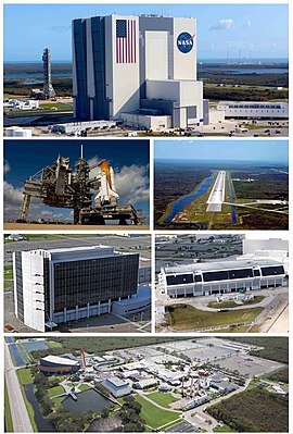 De cima para baixo, esquerda para direita: o Edifício de Montagem de Veículos, o ônibus espacial Endeavour na Plataforma 39A, a Instalação de Pouso do Ônibus Espacial, o Edifício Cede do centro, o Centro de Controle de Lançamento e o Complexo de Visitantes