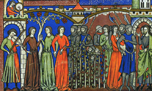 Illustrazione dalla Bibbia Morgan dei Beniaminiti che prendono le donne di Sciloh come concubine.