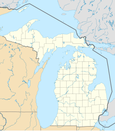 Mapa konturowa Michigan, blisko centrum na dole znajduje się punkt z opisem „Manistee”