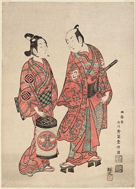 Woodblock print by Ishikawa Toyonobu of kabuki actors Nakamura Shichisaburō II and Sanogawa Ichimatsu, signed 'Meijōdō Ishikawa Shūha Toyonobu zu', 1740s