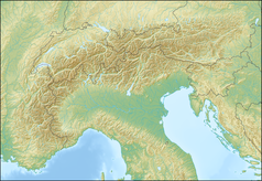 Mapa konturowa Alp, u góry nieco na prawo znajduje się czarny trójkącik z opisem „Geigelstein”