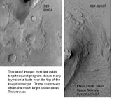 Layers in Tikhonravov Crater in Arabia, as seen by Mars Global Surveyor (MGS). Layers may form from volcanoes, the wind, or by deposition under water. The craters on the left are pedestal craters. Some researchers believe this crater once held a massive lake.