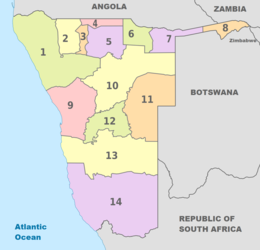 Mapa das regiões admininstrativas da Namíbia.