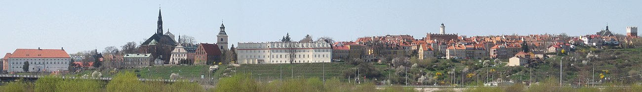 Panorama af Sandomierz, set fra venstre: Kongeslot, Sandomierz Katedral, Jan Długosz hus, katedralens klokketårn, Kollegium Gostomianum og den gamle bydel med rådhuset i midten Opatowskaporten til højre