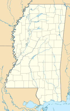 Mapa konturowa Missisipi, blisko górnej krawiędzi znajduje się punkt z opisem „Southaven”