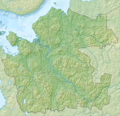 Mapa konturowa obwodu archangielskiego, na dole po prawej znajduje się punkt z opisem „źródło”, natomiast w centrum znajduje się punkt z opisem „ujście”