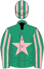 Emerald green, pink star, striped sleeves and cap