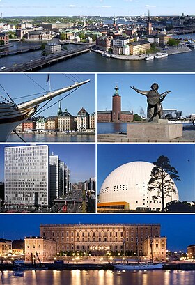 Kota Tua, Skeppsbron, Balai Kota Stockholm, Bangunan Hötorget, Ericsson Globe, dan Istana Stockholm.